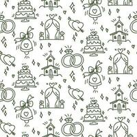 Wedding background. Seamless pattern with wedding items for timing guests. Wedding symbols. Cartoon hand-made wedding symbols on a white background. Contour icons, dark outline. Printing on paper vector