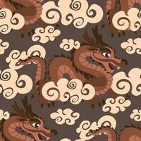 Vector seamless pattern with wooden Chinese dragons in the clouds. Hand-drawn. Abstract art print. Wallpaper, fabric design, fabric, napkin, textile design template, background. Mythological. Dragon