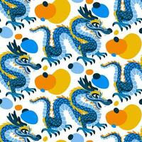 Vector seamless pattern with blue Chinese dragons with spots. Hand-drawn. Abstract art print. Wallpaper, fabric design, fabric, napkin, textile design template, background. Mythological. Year Dragon