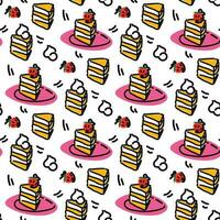 A pattern with a piece of cake on a plate with strawberries on top. Cartoon background with cream and berries. Sweets. Suitable for birthday, pastry shop. Printing on textiles and paper vector