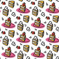 A pattern with a piece of cake on a plate with strawberries on top. Cartoon background with cream and berries. Sweets. Suitable for birthday, pastry shop. Printing on textiles and paper vector