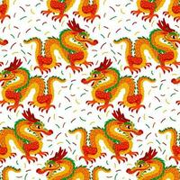 Vector seamless pattern with orange Chinese dragons in confetti. Hand-drawn. Abstract art print. Wallpaper, fabric design, fabric, napkin, textile design template, background. Mythological. Dragon