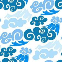 A pattern of blue clouds in Chinese motifs on a white background. Cartoon background, abstract illustration with imitation of Chinese style. Children's background. Printing on textiles and paper vector