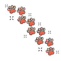 Vector cartoon paw print icon in comic style. Dog or cat pawprint sign illustration pictogram. Animal business splash effect concept.