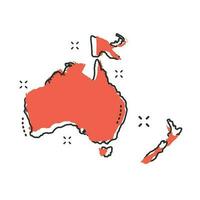 dibujos animados Australia y Oceanía mapa icono en cómic estilo. Australia y Oceanía ilustración pictograma. país geografía firmar chapoteo negocio concepto. vector
