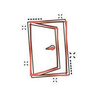 Vector cartoon door icon in comic style. Exit sign illustration pictogram. Open door business splash effect concept.