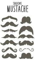 A set of graphic icons with hipster mustache spots. A large collection of mustaches with spots of different shapes. Vector illustration, elements for toppers for a holiday, a photo shoot. Barbershop