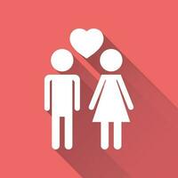 Vector man and woman with heart icon with long shadow. Modern flat pictogram. Simple flat symbol for web site design.