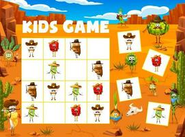 Sudoku kids game, cartoon cowboy vegetables vector