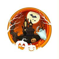 Halloween paper cut castle and ghost characters vector