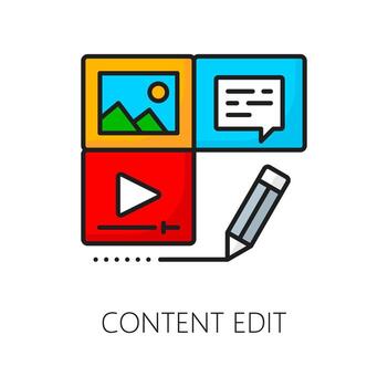 Content edit CMS icon with media files and pencil vector