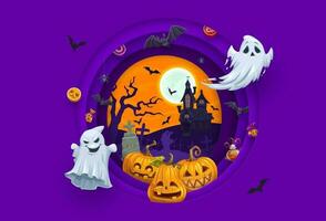 Halloween paper cut ghosts, pumpkins and castle vector