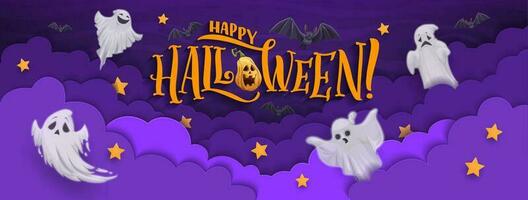Halloween paper cut banner with flying ghost, bats vector