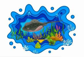 Sea paper cut landscape with cartoon stingray vector