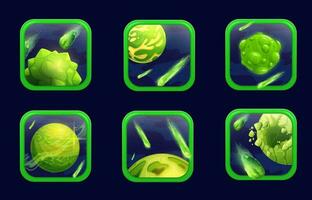 Cartoon space game app icons with green planets vector