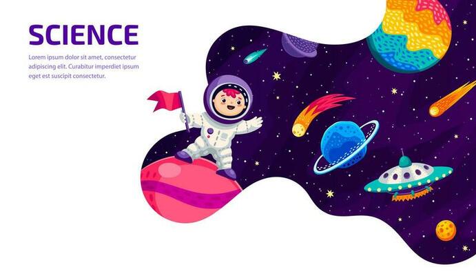 Space galaxy landing page, cartoon astronaut, UFO