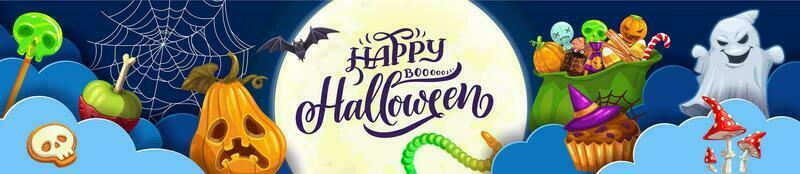 Halloween paper cut banner, holiday sweet candies vector