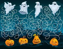 Halloween kids labyrinth maze, help to ghosts vector