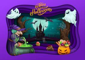 Halloween paper cut cartoon witch in cave, ghosts vector