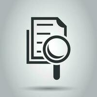 Scrutiny document plan icon in flat style. Review statement vector illustration on white background. Document with magnifier loupe business concept.