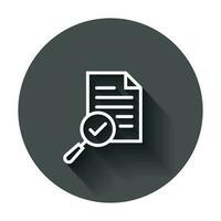 Scrutiny document plan icon in flat style. Review statement vector illustration with long shadow. Document with magnifier loupe business concept.