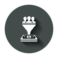 Lead management icon in flat style. Funnel with people, money vector illustration with long shadow. Target client business concept.