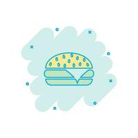 icono de comida rápida de hamburguesa de dibujos animados vectoriales en estilo cómico. pictograma de ilustración de signo de hamburguesa. concepto de efecto de salpicadura de negocio de hamburguesas. vector