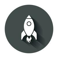 Rocket space ship icon in flat style. Spaceship vector illustration with long shadow. Rocket start business concept.