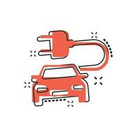 icono de coche eléctrico de dibujos animados vectoriales en estilo cómico. Pictograma de ilustración de vehículo de automóvil eléctrico. concepto de efecto de salpicadura de sedán de coche ecológico. vector