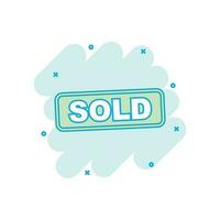 Cartoon colored SOLD stamp icon in comic style. Sale tag illustration pictogram. Market sell sign splash business concept. vector