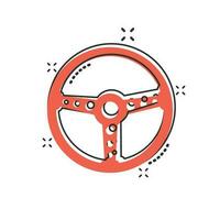 Vector cartoon steering wheel icon in comic style. Rudder wheel sign illustration pictogram. Steering business splash effect concept.