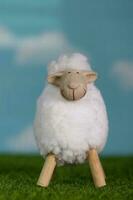 Small white lamb on an artificial grass. Blue sky in the background. photo