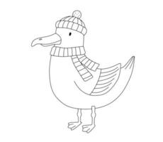 Cute doodle seagull character with hat isolated on white. Vector outline nautical illustration for coloring page