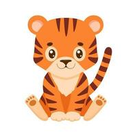 Cute tiger in cartoon style. Drawing african baby wild cat isolated on white background. Vector sweet tiger for kids poster and card. Jungle animal is sitting