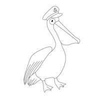 Outline illustration isolated on white. Funny pelican with nautical captain hat for coloring book. Line sketch vector