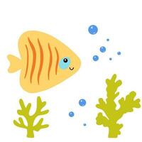 Cute cartoon fish and seaweed isolated on white background. Vector marine illustration for kids