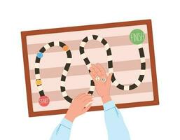 Board game with chips, dice, people hands, top view. Vector isolated flat illustration, children entertainment, logical educational toy. Playing field with start and finish.