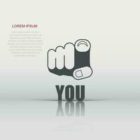 Finger point icon in flat style. Hand gesture vector illustration on white isolated background. You forward business concept.