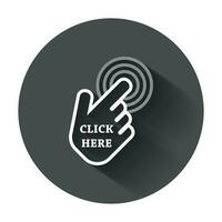 Click here icon. Hand cursor signs. Black button flat vector illustration with long shadow.