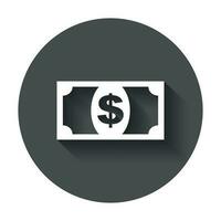 Money icon. Vector illustration in flat style. Dollar with long shadow.