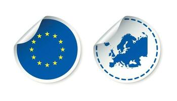 Europa pegatina con bandera y mapa. europeo Unión etiqueta, redondo etiqueta con país. vector ilustración en blanco antecedentes.