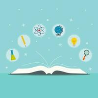 Illustration with book and icons flask, pencil, atom, globe, light bulb, magnifier. School, learning, education vector
