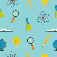 seamless pattern on school, education theme flask, pencil, atom, globe, light bulb, magnifier vector