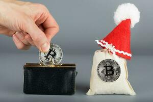 Black leather purse and sacks of bitcoins. photo