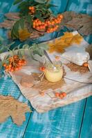 Rowan berries, glass with honey and honeycomb on a sackcloth. . photo