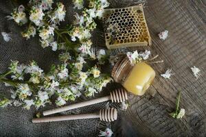 Chestnut honey on a wooden surface. photo