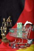 Euros in the shopping cart placed on a German flag. photo