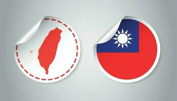 Taiwan sticker with flag and map. Label, round tag with country. Vector illustration on gray background.