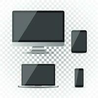 Realistic device flat icons smartphone, tablet, laptop and desktop computer. Vector illustration on isolated background