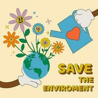 Earth character in 70s retro style. Postcard for Earth Day. Save our planet. Talisman of the planet, earth. vector